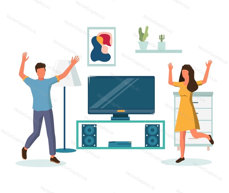 Happy couple enjoying relocation and having housewarming, flat vector illustration. Housewarming party celebration after moving to new home.