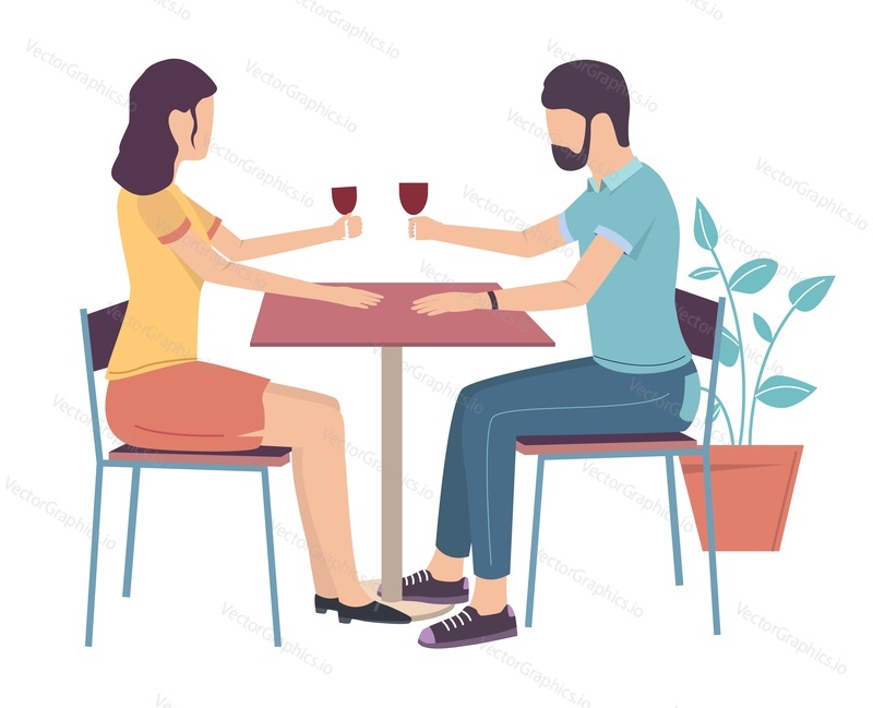 Happy couple in love drinking wine sitting at restaurant table, flat vector illustration. Romantic date. Love relationship.