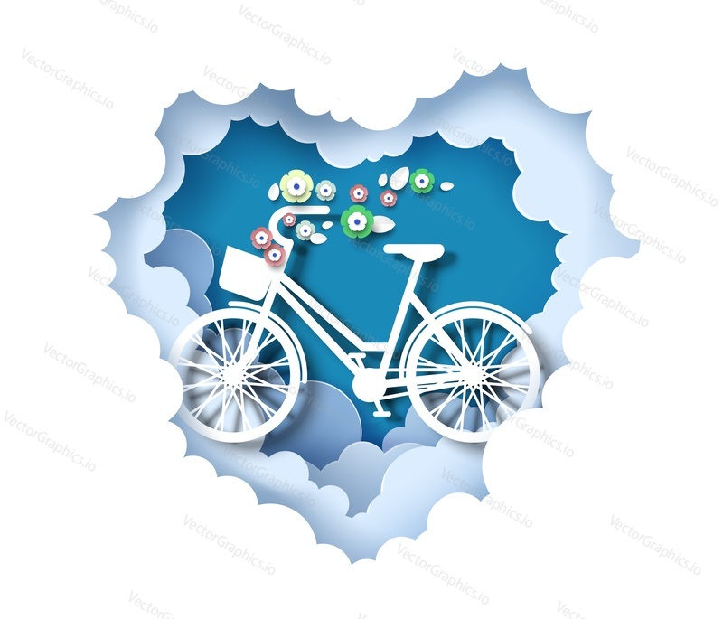 Bicycle with flower basket inside of layered paper cut heart shape clouds, vector illustration. Love bike. Valentines Day card template.