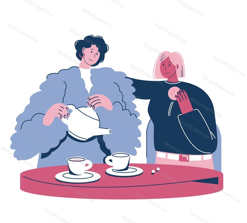 Two happy women enjoying coffee drink, flat vector illustration. Female friends chatting, drinking tea while sitting at table. Coffee break. Tea time.