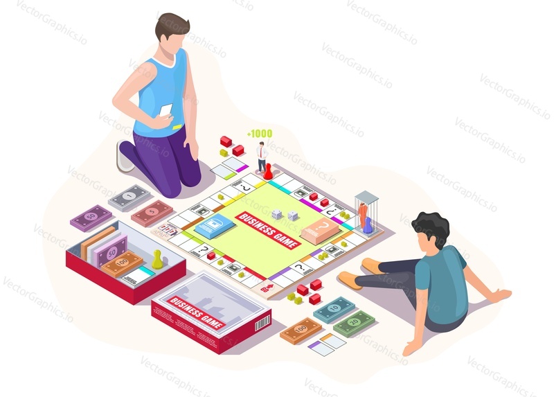 Happy father with kid playing monopoly board game sitting on the floor, flat vector isometric illustration. Dad with son spending time together playing table business game. Home leisure activities.
