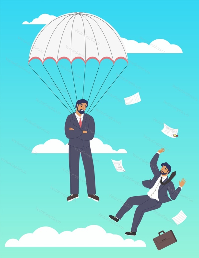 Business man cartoon characters flying parachute and falling down from height, flat vector illustration. Support, assistance and business failure. Risk management.