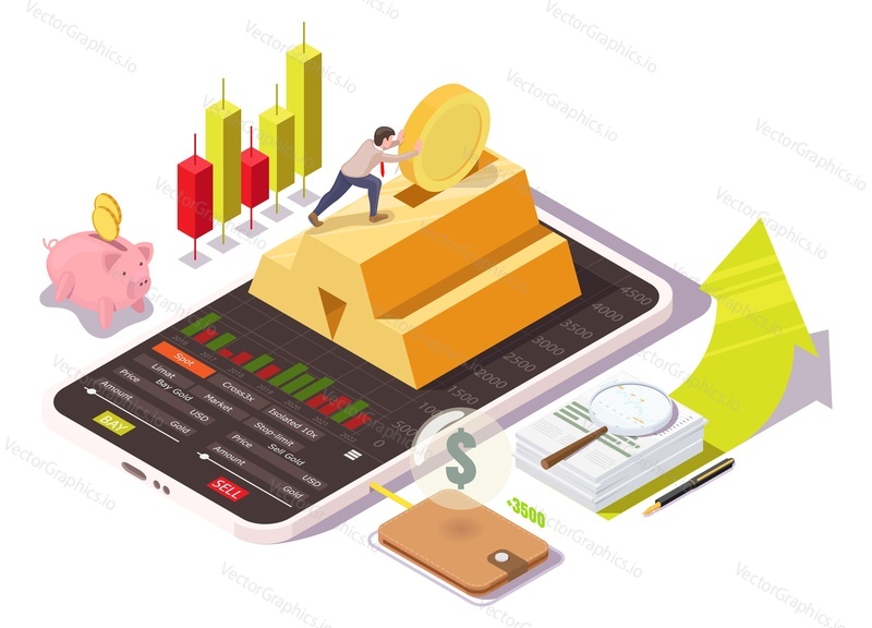 Businessman investing money in stock market, bank deposit, gold ingot from mobile phone, flat vector isometric illustration. Financial investing online service. Mobile investment apps.