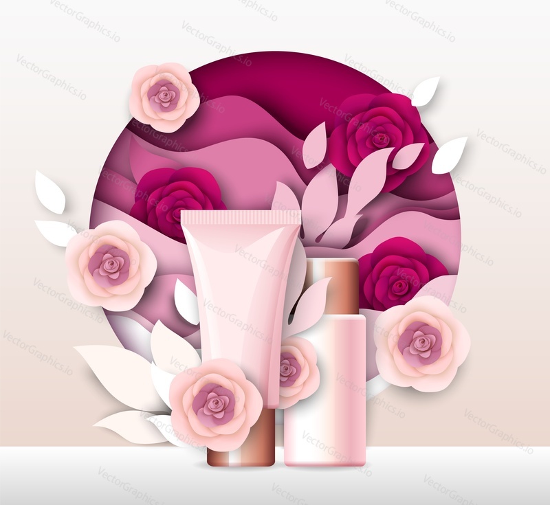 Blank cosmetic packaging bottle tube mockup, paper cut craft style pink floral background, vector illustration. Beauty and skin care cosmetic product ads template.