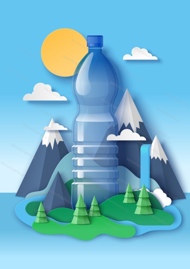 Blank drink water plastic bottle, paper cut mountains, forest trees, vector illustration. Clean drinking water ads template.