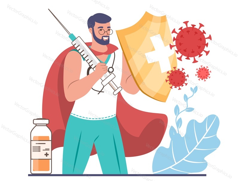 Doctor wearing superhero cape holding vaccine injection syringe and shield protecting from virus, flat vector illustration. Vaccination. Corona virus Covid-19 disease spread prevention.