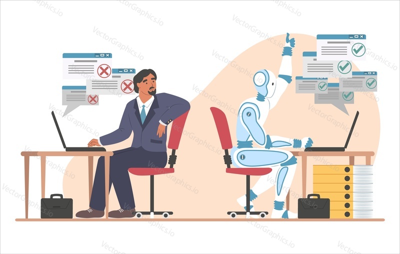 Robot machine working a lot faster than businessman, flat vector illustration. Robots superiority. Automation. Artificial intelligence vs human intelligence.