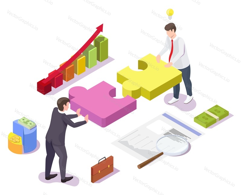 Business people solving jigsaw puzzle, flat vector isometric illustration. Teamwork, cooperation, partnership, business strategy.