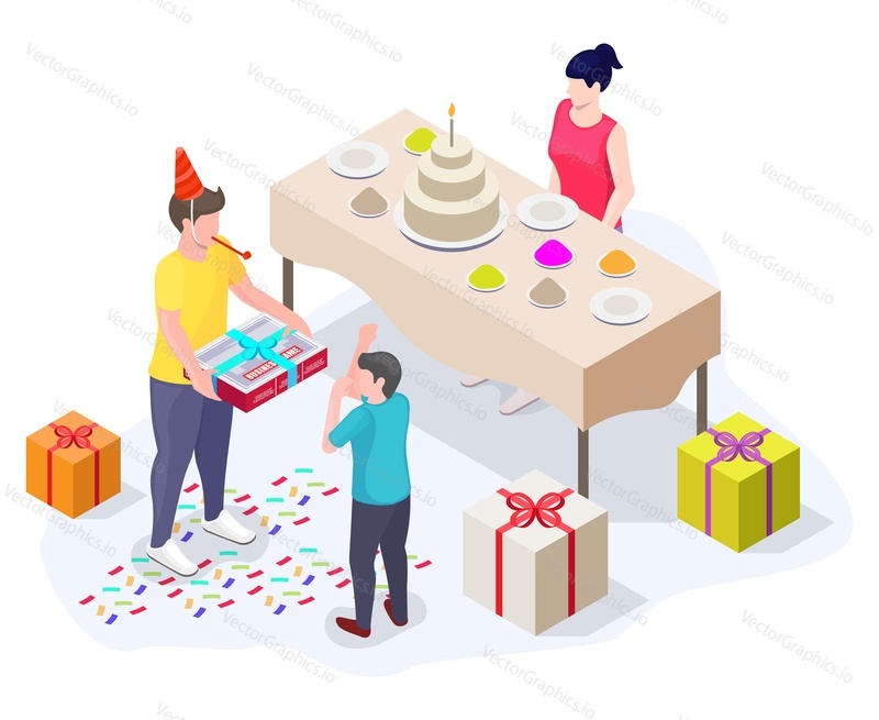 Birthday party celebration with gifts and cake, flat vector isometric illustration. Boy getting monopoly business game birthday present.