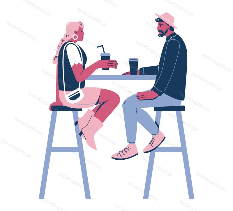 Happy young people sitting at table, enjoying coffee to go and talking to each other, flat vector illustration. Romantic couple spending time together. Coffee break. Love. Relationship.