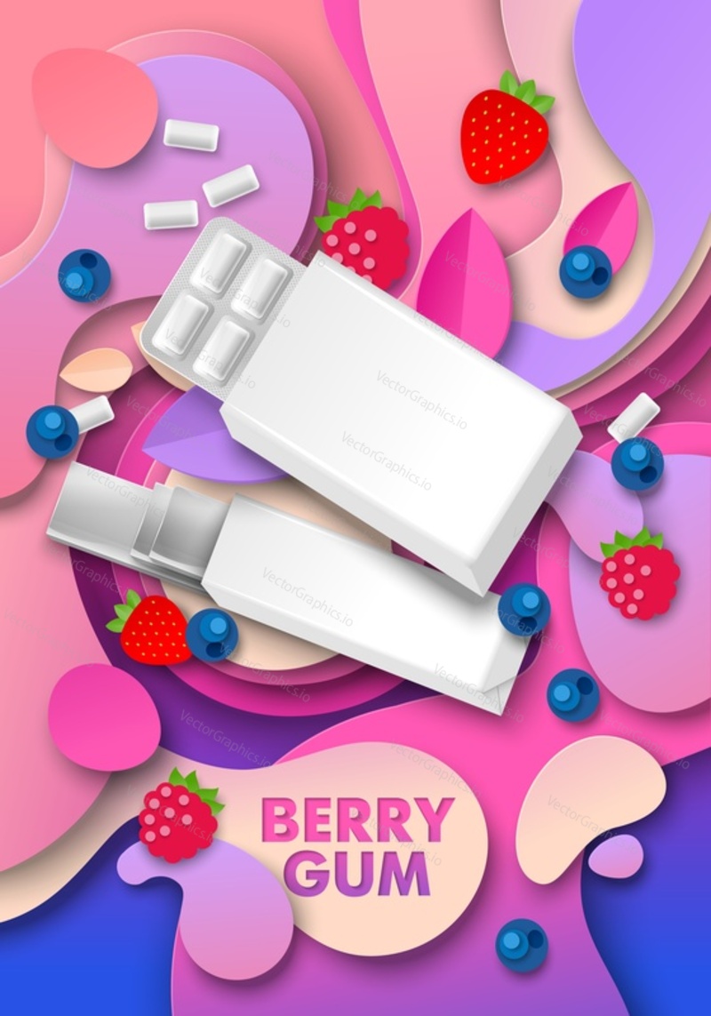 Berry chewing gum ads template, vector illustration. White blank pad and slab bubble gum package mockup, paper cut ruspberries, strawberries, blueberries and bubblegums.