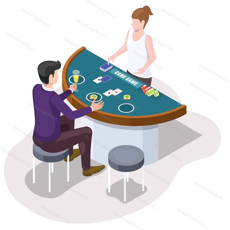 Gambler playing casino game sitting at blackjack table with deck of cards and chips, flat vector isometric illustration. Card game. Gambling industry. Casino gaming.