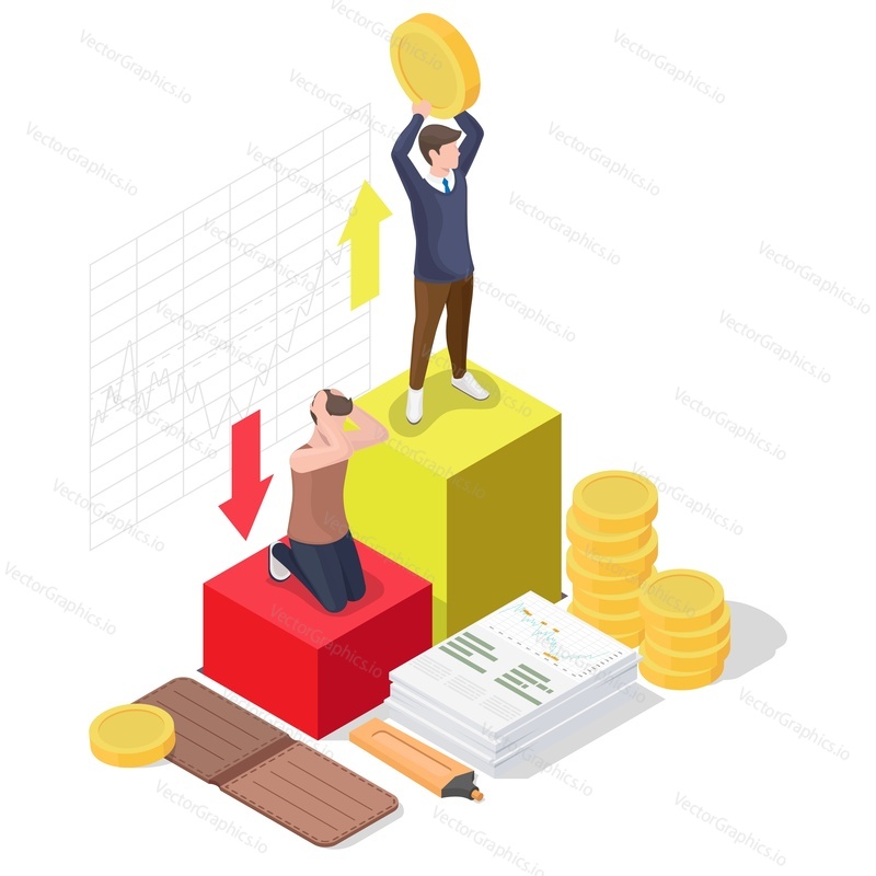 Happy businessman holding dollar coin in raised hands standing on bar graph top, flat vector isometric illustration. Successful investor celebrating financial success.