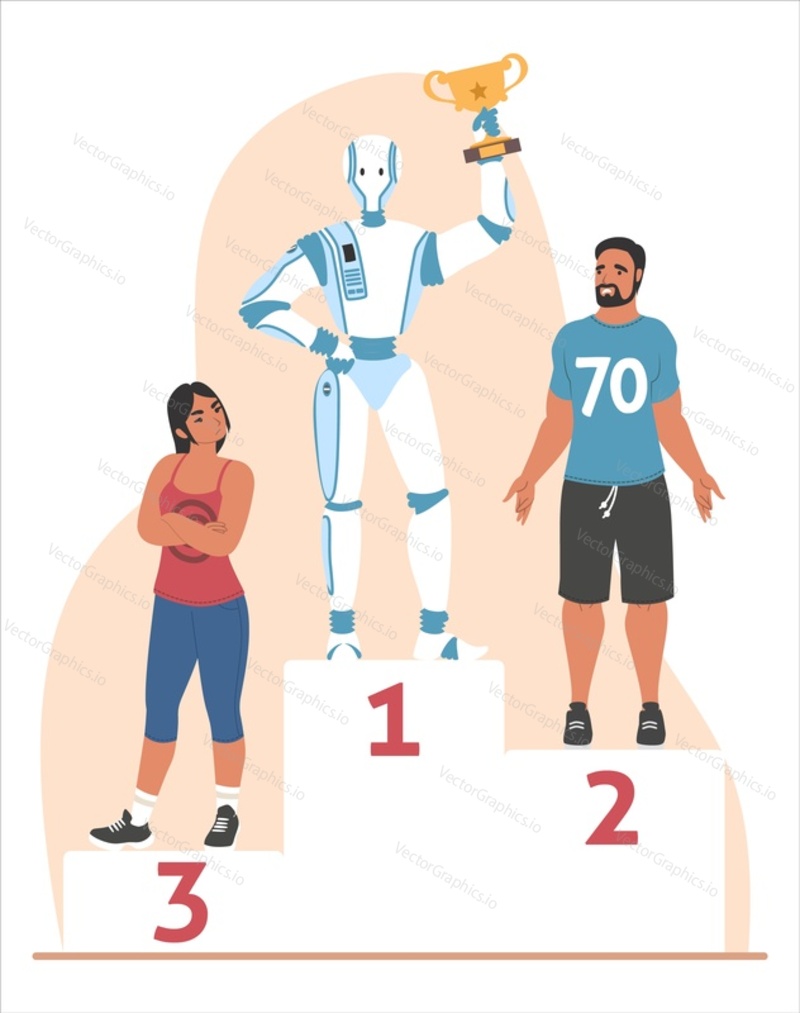 Robot getting first place and celebrating victory standing on winner pedestal with trophy cup, flat vector illustration. Robot machine winning competition. Artificial Intelligence concept.