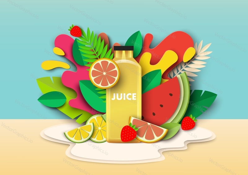 Multifruit juice drink bottle, fresh watermelon, strawberries, citrus fruits, liquid splashes and drops. Vector illustration in paper art style. Mix multi fruit juice blends ads template.
