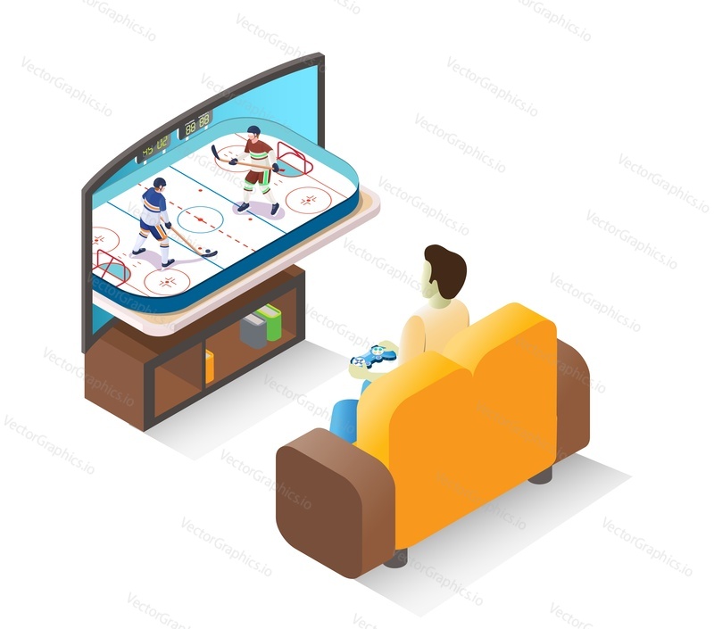 Young man gamer playing ice hockey video game on tv with controller sitting on sofa, flat vector isometric illustration. Online gaming, video console games.