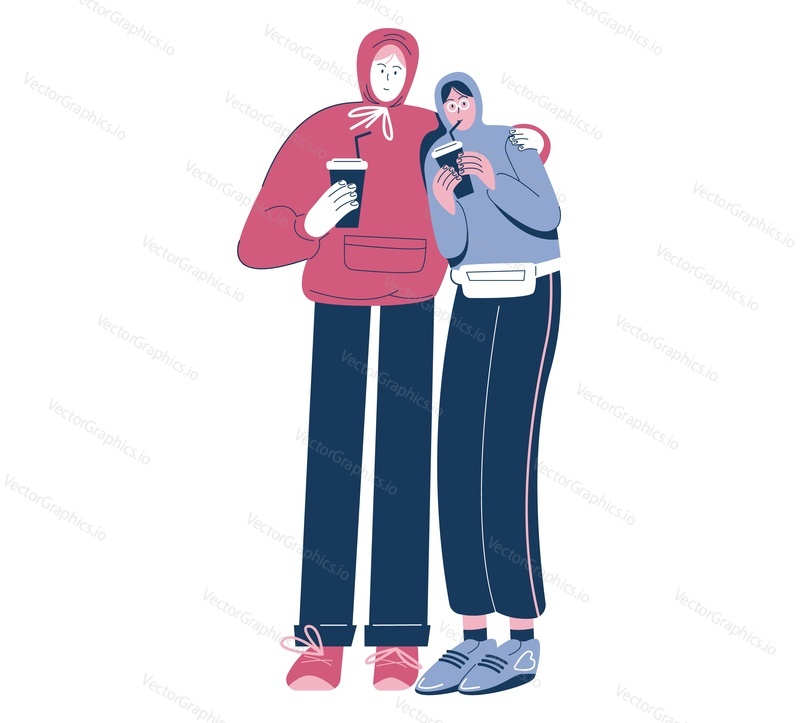 Happy couple drinking coffee to go while walking in the street, flat vector illustration. Coffee break. Love. Relationship.