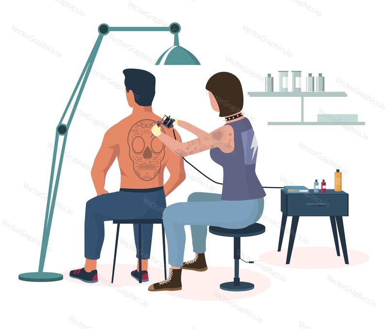 Man getting human skull tattoo on his back in studio, flat vector illustration. Tattoo salon, shop business, tattooing art concept.