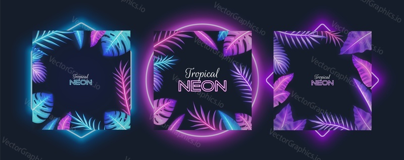 Purple neon frame set with tropical banana, monstera plants, palm tree leaves, vector isolated illustration. Fluorescent colors exotic jungle plant leaves borders.