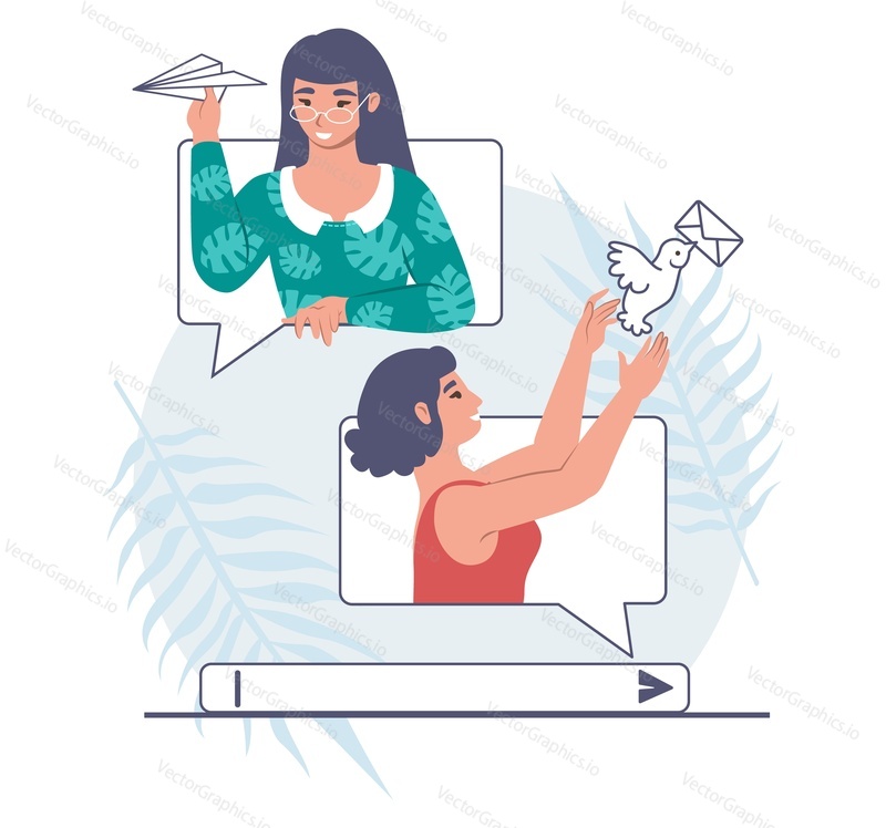 Mobile phone, chat bubbles with girls sending messages, flat vector illustration. Online conversation between two women friends using mobile message chat app. Online communication.