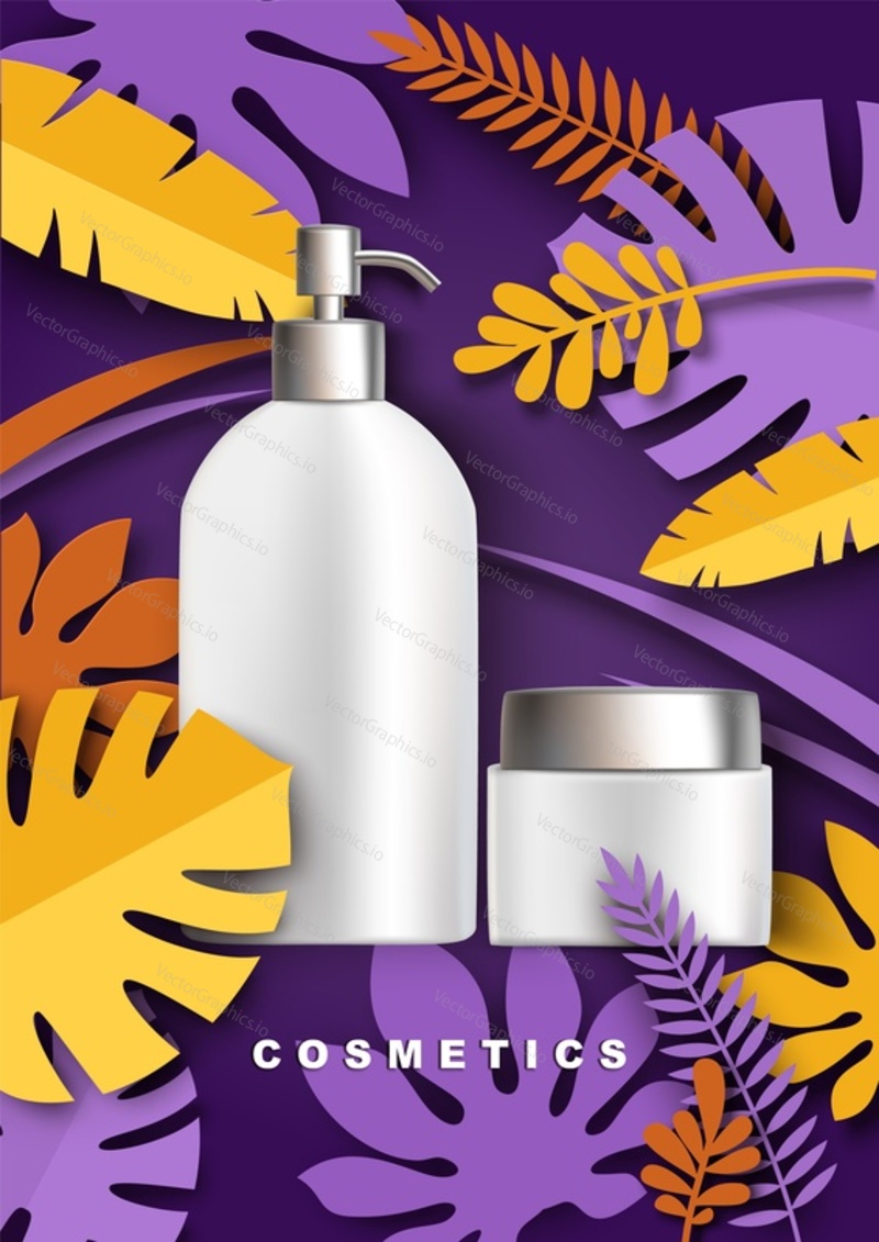 White blank cosmetic bottles mockup, paper cut craft style tropical plant leaves, vector illustration. Beauty and skin care cosmetic product ads template.