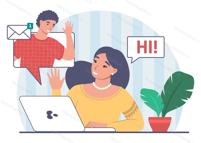 Online conversation between young couple over the internet, flat vector illustration. People with chat bubbles, envelope sending and receiving messages. Online communication.