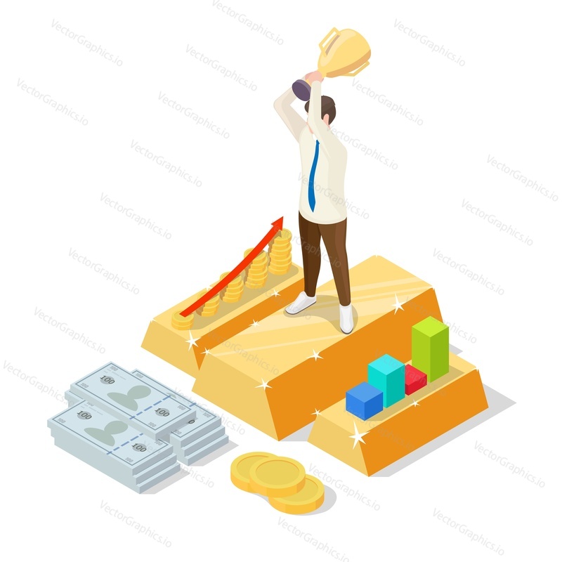 Successful businessman standing on gold ingot with trophy cup in raised hands, flat vector isometric illustration. Business success, financial growth concept.