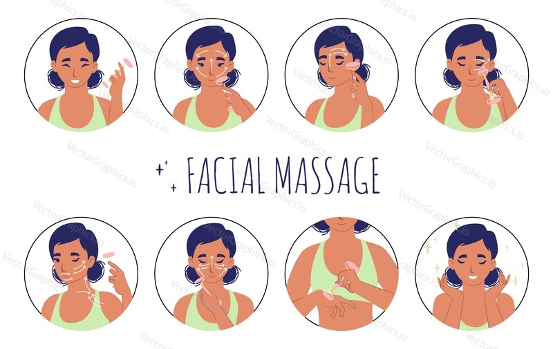 Facial massage with rose quartz roller guide, flat vector illustration. Face rolling, anti aging massage therapy. Facial skin care routine and beauty procedure.