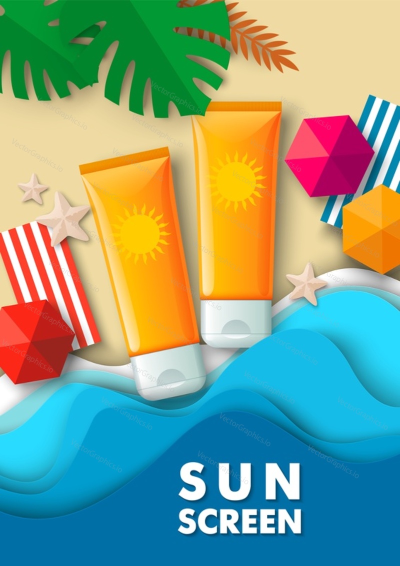 Orange cosmetic tube mockups, paper cut craft style tropical beach, sun parasols, plant leaves, vector illustration. Sunscreen cosmetic product, sunburn protection cream ads template.