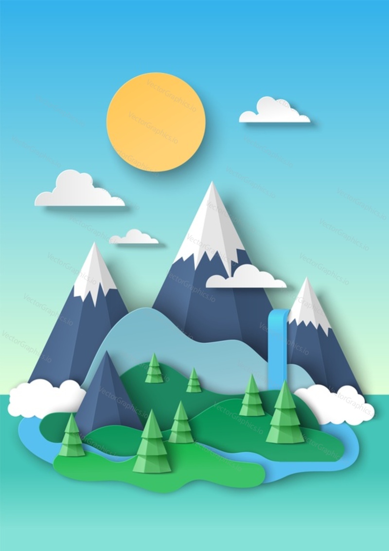 Beautiful nature landscape, background. Snowy mountain tops, waterfall, forest river, vector illustration in paper art style. Tourism, mountain traveling, hiking.