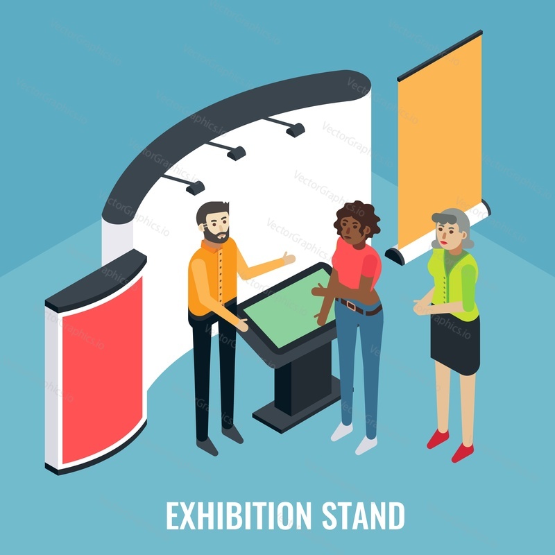 Exhibition, trade fair scene with sales promoter and customer characters, flat vector isometric illustration. Exhibition stand, trade show booth, promotional equipment.