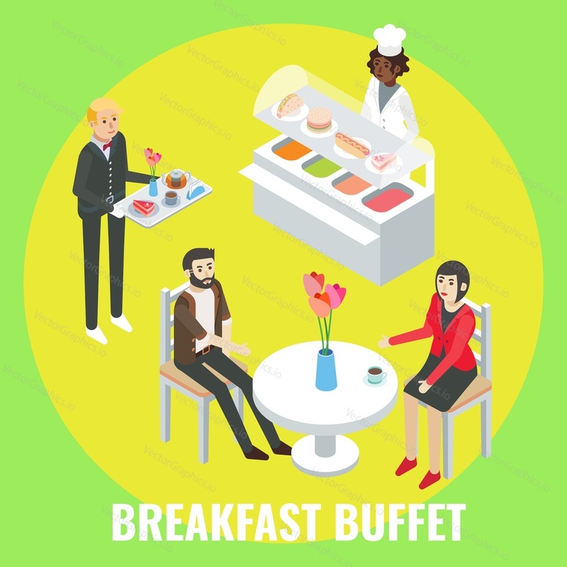 Hotel guests having breakfast in restaurant, flat vector isometric illustration. Breakfast buffet hotel services.