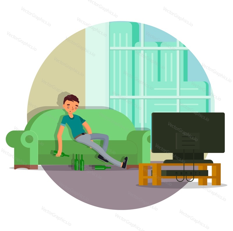 Drunk man sitting on sofa with beer bottles, flat vector illustration. Alcohol abuse and addiction. Bad habits, mental health problems.