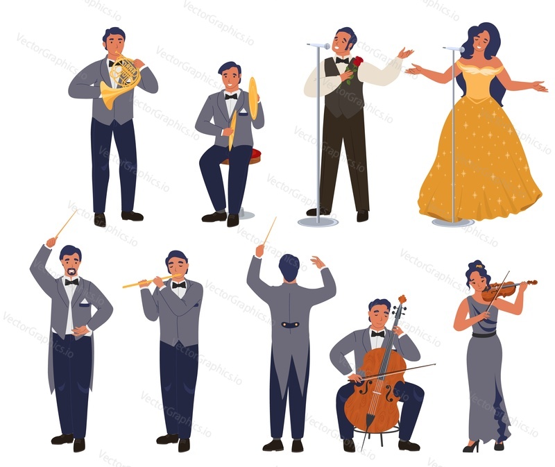 Opera theater singer and musician, male and female character set, flat vector isolated illustration. Group of people performing on stage. Classical music concert, symphony orchestra.