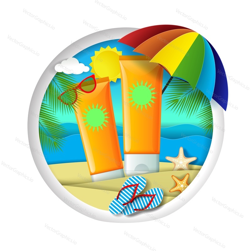 Sunscreen packaging tubes, paper cut exotic beach background, parasol, flip flops, glasses in round frame, vector illustration. Sunburn protection cream, summer beauty cosmetic product ads template.