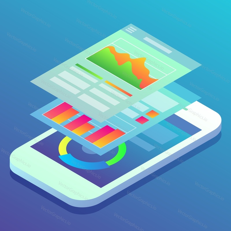 Mobile analytics concept flat vector illustration. Isometric smartphone screens with charts and graphs. Users interaction with mobile sites and applications.