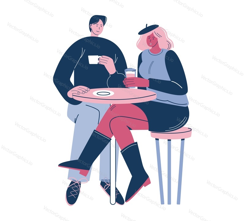 Happy young couple sitting at table in cafe, enjoying coffee drink and talking to each other, flat vector illustration. Colleagues, friends taking coffee break.