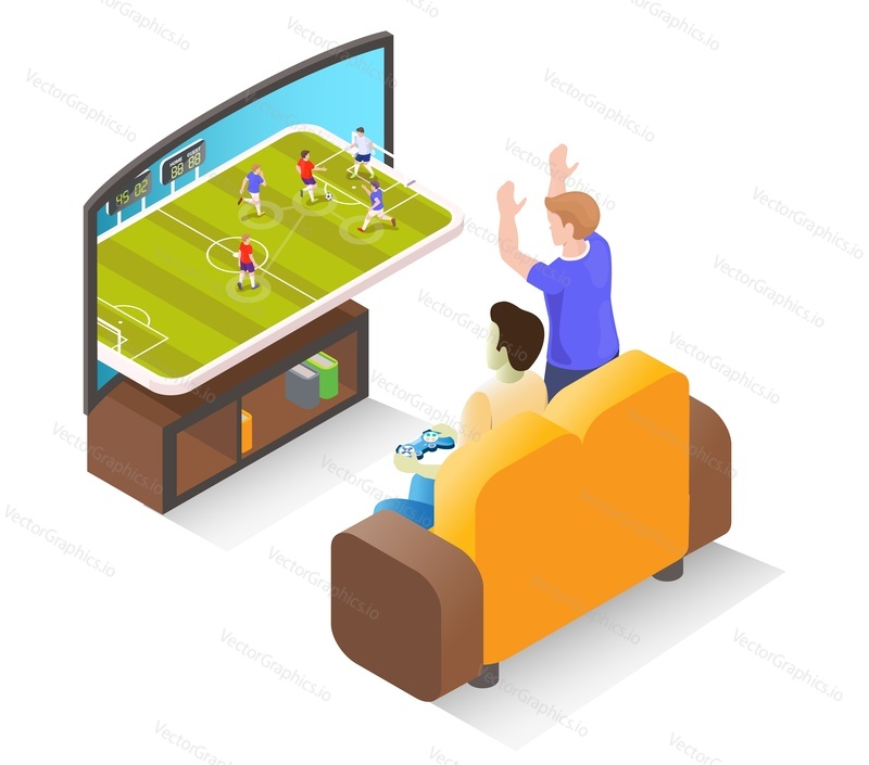 Young man gamer playing football video game on tv with controller sitting on sofa, flat vector isometric illustration. Online gaming, video console games.