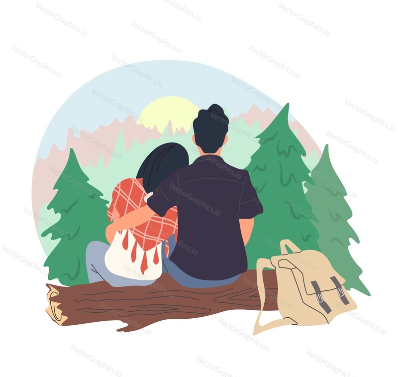 Happy romantic couple watching the sun rise sitting on fallen log in forest, flat vector illustration. Tourists with backpacks hiking, camping, trekking. Summer outdoor activity, tourism, travel.