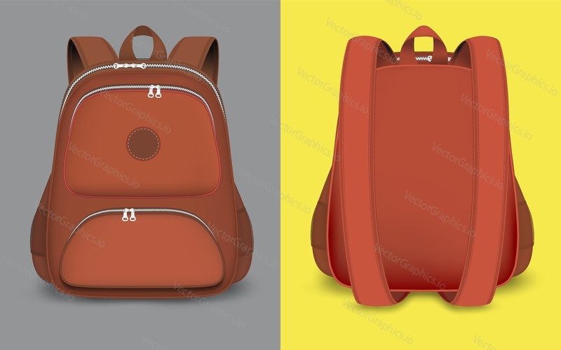 Red backpack mockup set, vector isolated illustration. 3d realistic school bag, rucksack with zipper, handle, straps, front and back view.