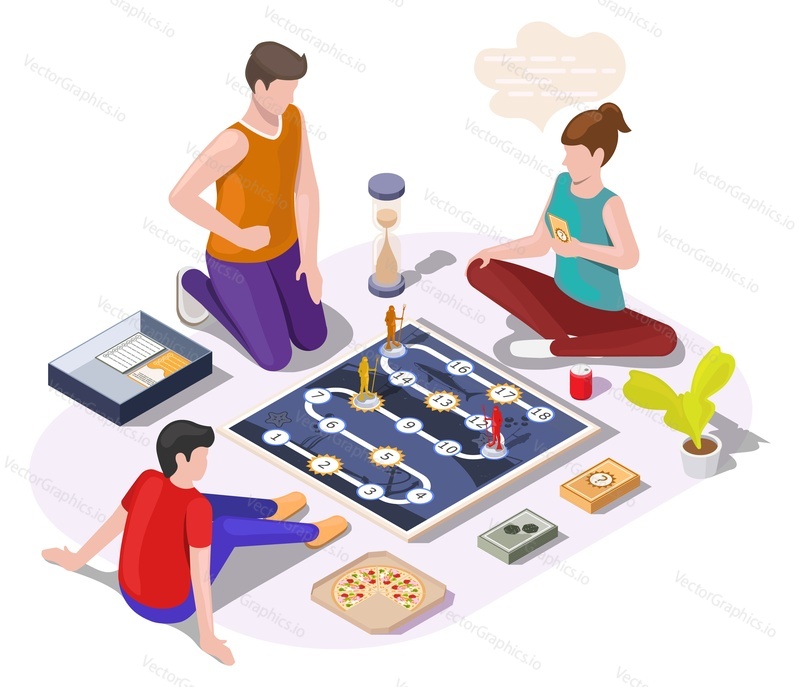 Happy family playing board game sitting on the floor, flat vector isometric illustration. Parents with kid spending time together, playing table game and having fun. Home leisure activities.