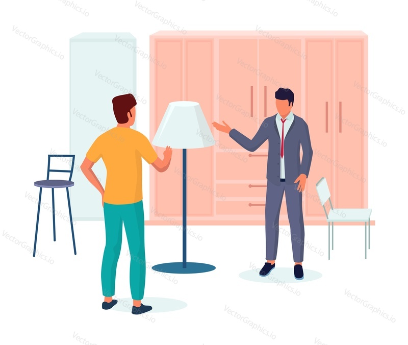 Shop assistant helping shopper to choose lamp for bedroom interior, flat vector illustration. Furniture store retail business concept.