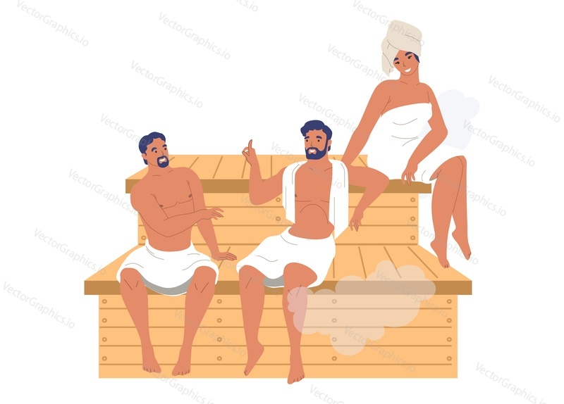 Мужские и женские персонажи, друзья расслабляются, наслаждаясь паровой баней, сауной, плоской векторной иллюстрацией. Спа-курорт, сауна, паровая баня, банная терапия.