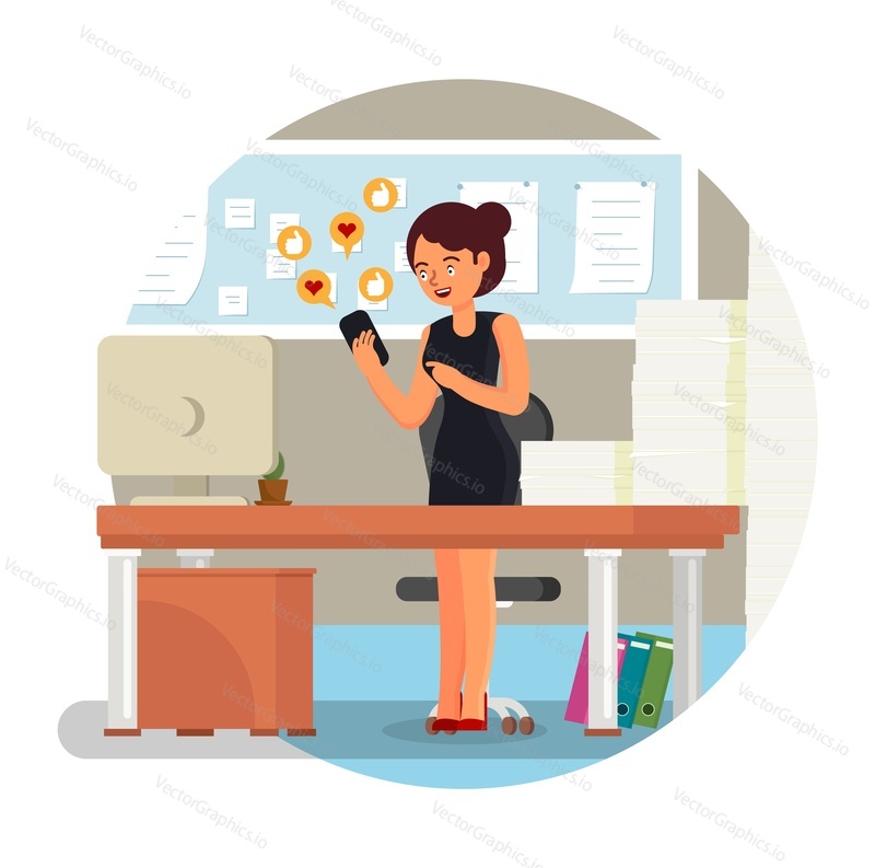 Young office woman holding smartphone with hearts and likes, social media symbols for approval, flat vector illustration. Social networks and internet addiction disorder.