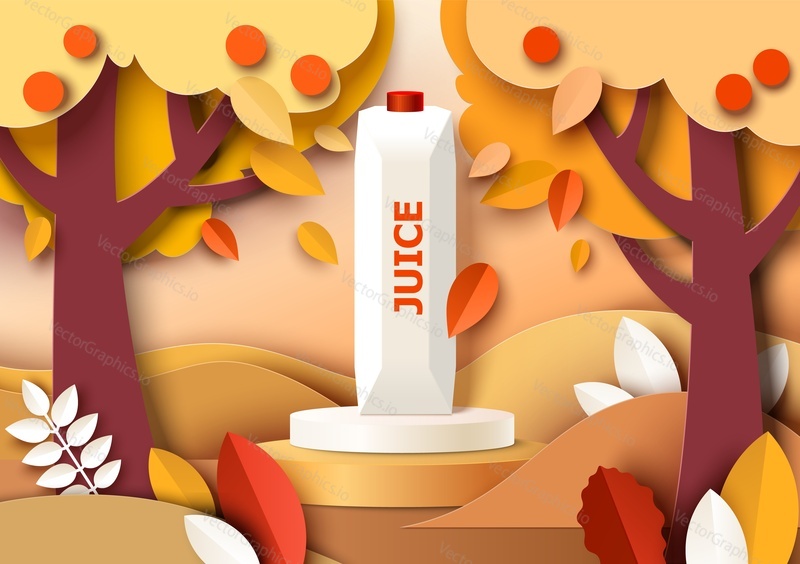 Juice packaging carton mockup on display podium, paper cut fall season background with red, yellow autumn leaves, vector illustration. Natural healthy food ads template.