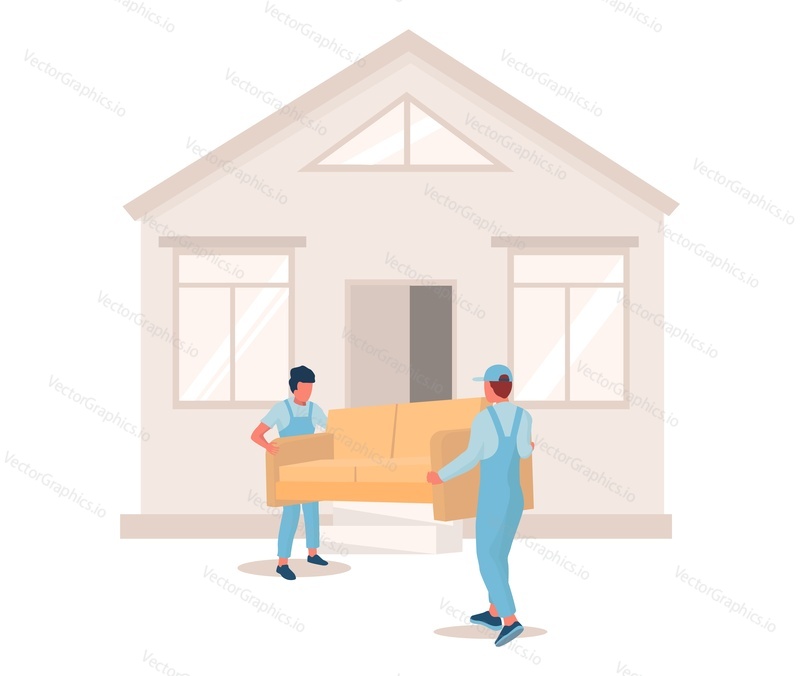 Two movers carrying sofa into the house, flat vector illustration. Relocation. Moving company service. Furniture delivery.