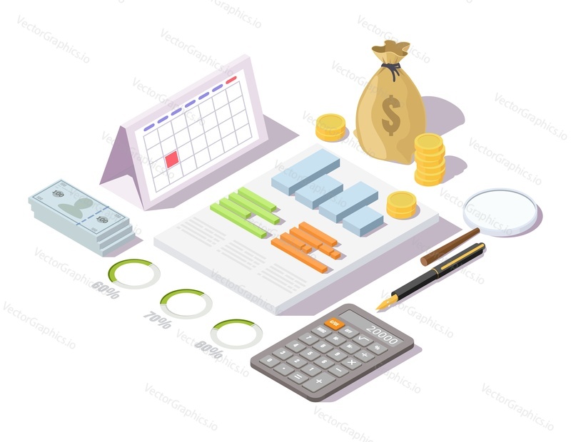 Financial administration concept flat vector isometric illustration. Finance management, accounting, financial reporting, audit, budget control.