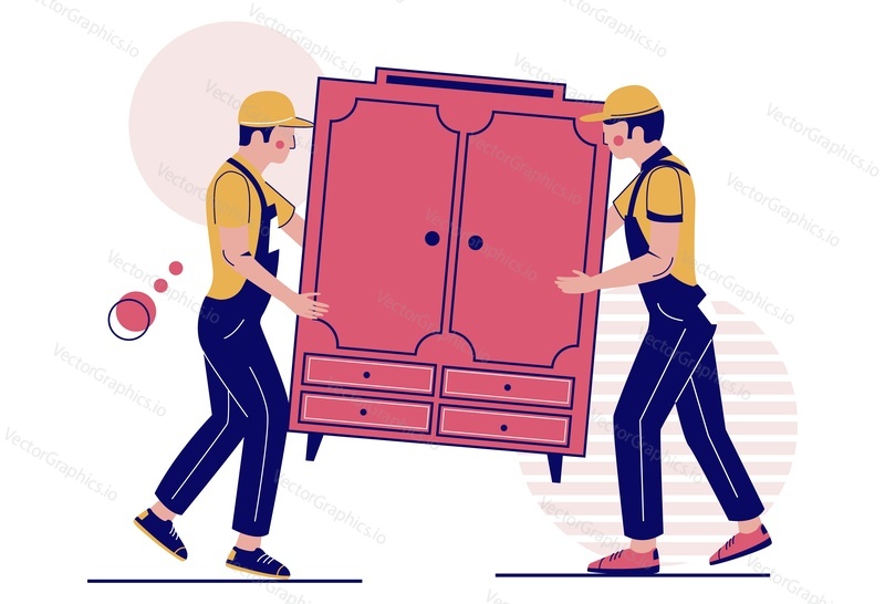 Two movers carrying closet, flat vector illustration. Relocation. Moving company service. Furniture delivery.