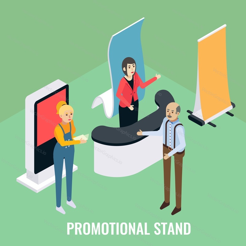 Promotional print and display stands. Sales promoters advertising company products to customer, flat vector isometric illustration. Exhibition booth. Trade fair or show equipment.
