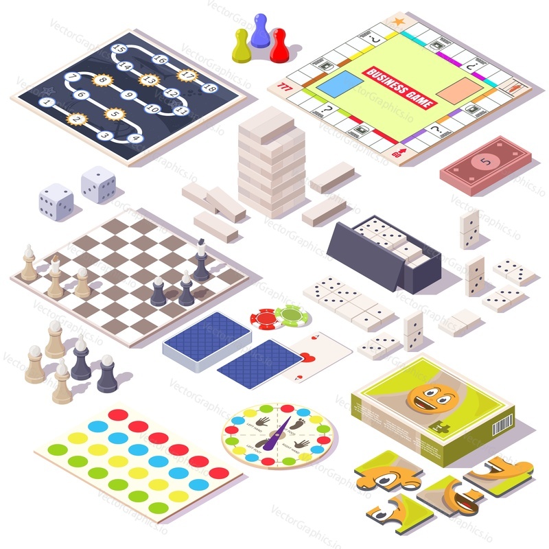 Board game set, flat vector isolated illustration. Isometric family table games for adults and kids. Monopoly, jenga, chess, dominoes, jigsaw puzzle, spinner, playing cards.